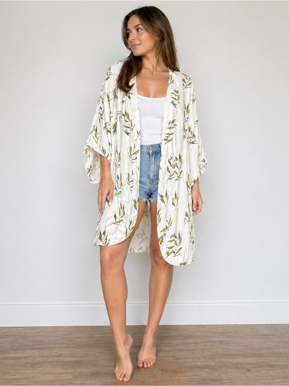Piyama Kimono Cover Up Leaf Print Resort Beachwear Lightweight White Green S/M
